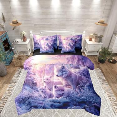 Imagem de Castle Fairy Jogo de cama king com lobo da neve, 7 peças, animais de safári, aventura na selva, árvores de neve natural (edredom + lençol de cima + 2 fronhas + 2 fronhas de travesseiro)