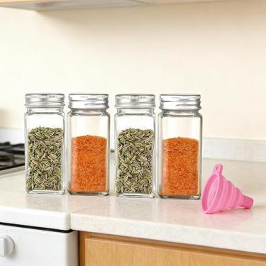 Imagem de 4 frascos de tempero de vidro de grau alimentício, frascos vazios de temperos de 120 ml com tampas de metal e funil dobrável, organizador de temperos de cozinha