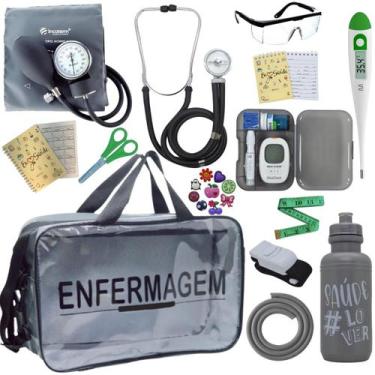 Imagem de Kit Bolsa Transparente Aparelho de Pressão Aneroide Medidor de Glicose