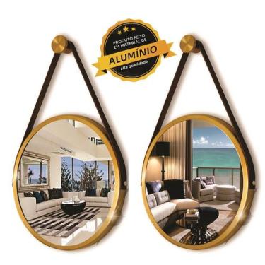 Imagem de Kit 2 Espelhos Redondo Decorativo Suspenso Alça 60cm + suporte Dourado