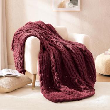 Imagem de WRENSONGE Cobertor de malha grossa bordô vermelho grande macio macio tricô crochê manta 100% tricotado à mão para sofá-cama (127 x 152 cm)