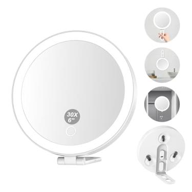 Imagem de Mocado Espelho de aumento 30x com luz, espelho de ampliação de viagem de 15 cm com 3 ventosas, espelho de maquiagem iluminado com ampliação de 30x, iluminação em 3 cores, suporte estável, espelho