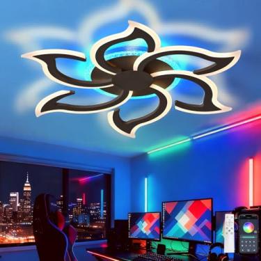 Imagem de Luminária de teto com lustre RGB em formato de flor, controle remoto via aplicativo, timer, dimerizável, 3 temperaturas de cor, luz noturna e função de memória para quarto, preta.