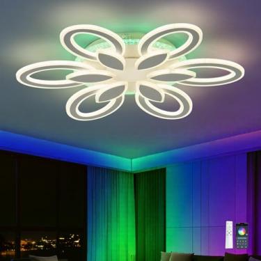 Imagem de Lustre de teto com 6 pétalas, controle remoto RGB, função de memória e ajuste de brilho com temporizador para sala de estar, branco.