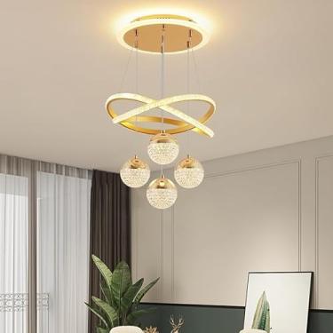 Imagem de Lustre moderno de LED com intensidade regulável e controle remoto, com cúpula de acrílico e 4 bolas. Ideal para pendurar sobre a mesa de jantar, sala de estar, sala de jantar, escritório e q