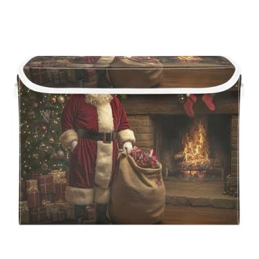 Imagem de SEHANY Linda caixa de armazenamento de Papai Noel de Natal com tampas e alças, organizador de cestas de armazenamento de tecido dobrável, caixas de armazenamento de cubos grandes para roupas, cobertor