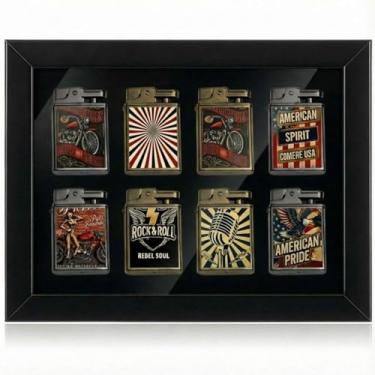 Imagem de Silipull Porta-retrato de madeira para exibição de 8 isqueiros com tampa de vidro com 98% de proteção UV Suporte para isqueiros Moldura de madeira para colecionador de colecionador, acabamento preto