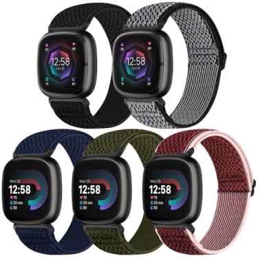 Imagem de Bcuckood Pulseira de substituição para Fitbit Versa 4/Versa 3/Sense 2/Sense 2/Sense 2, pacote com 5 unidades de nylon elástico, macio, ajustável, alça de substituição para mulheres e homens