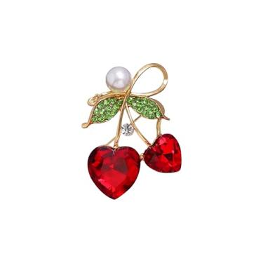 Imagem de YUNXI Broche de cereja com coração de cristal vermelho com pérola e strass folha brilhante broche de lapela para mulheres, Large, Metal, Sem Pedra Preciosa