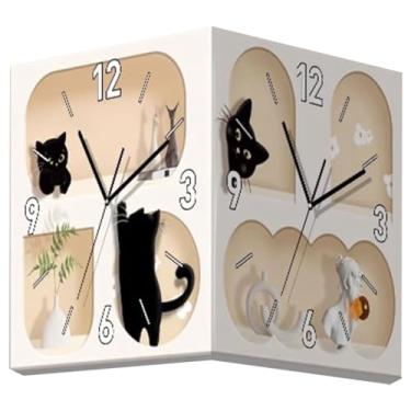 Imagem de Relógio silencioso com padrão de gato de desenho animado, relógio de parede de canto de design frente e verso, decoração de casa minimalista estilo creme, alimentado por bateria (Cor: A, Tamanho: 30