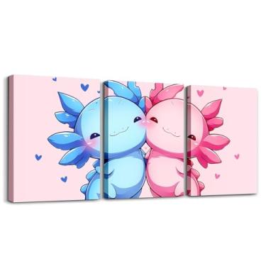 Imagem de Erosebridal Conjunto de 3 peças de arte de parede em tela de axolotls fofos, rosa, azul, kawaii, decoração de parede para meninos e meninas, desenhos animados, amor, coração, pinturas emolduradas