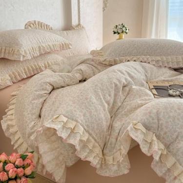 Imagem de BuLuTu Capa de edredom floral rosa francesa casal, conjunto de cama de renda para adolescentes e meninas, capa de edredom de algodão musselina respirável macio com fecho de zíper, 4 gravatas