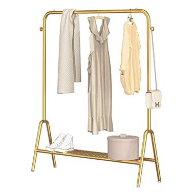 Imagem de SGeneE Arara de roupas resistentes, trilho de roupas resistentes, suporte de exibição de roupas de poste único de ferro forjado, com 2 ganchos e suporte inferior, cabide de quarto, dourado (150 cm)