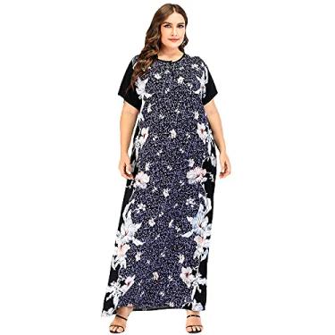 Imagem de 3FLQOOPP Roupão floral longo casual feminino maxi vestidos para o chão conjuntos de roupas de flores cor profunda (azul grande)