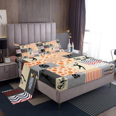 Imagem de jejeloiu Jogo de lençol casal de vôlei, para crianças, meninos, meninas, jogos esportivos, bola e temática esportiva, coleção de jogos de vôlei