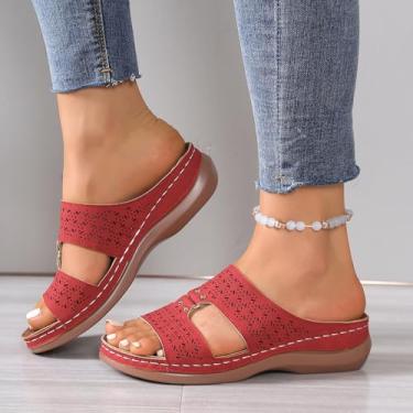 Imagem de Sandálias femininas de salto baixo com salto baixo elegantes confortáveis para caminhada casual plataforma plataforma sapatos de verão, Vermelho, 38