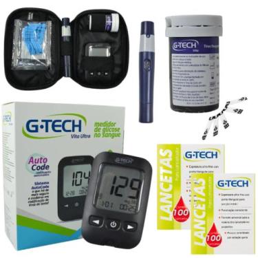 Imagem de Kit Medidor Glicose Gtech 10 Tiras Fitas Monitor Glicemia 200 Lancetas