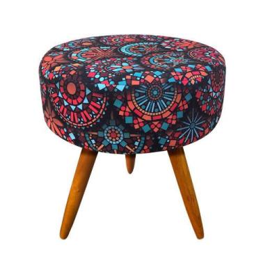 Imagem de Puff Banqueta Berlim Redondo Estampado Mandala Vermelho Pés Castanho -