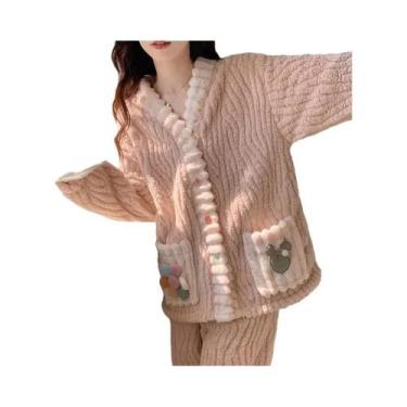Imagem de Conjunto De Pijamas De Flanela Grossa E Quente Para Mulheres, Cardigan