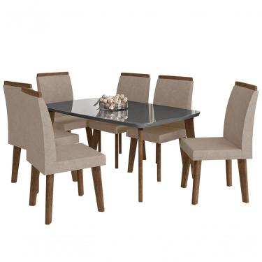 Imagem de Mesa De Jantar Jade Com 6 Cadeiras Diamante Pés Oblongo Grafite Com Pena Caramelo - Rv Moveis