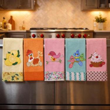 Imagem de Kit Panos de Prato Coloridos Bordados Patchwork 5 peças Lançamento - S
