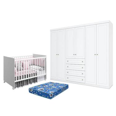 Imagem de Berço Nacional Mel Branco Acetinado - Reller E Guarda Roupa Casal Americano 6 Portas Branco Hp E Colchão Ortobom - Henn