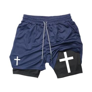 Imagem de Shorts De Corrida Masculinos Com Estampa De Cruz Cristã 2 Em 1 Para Tr