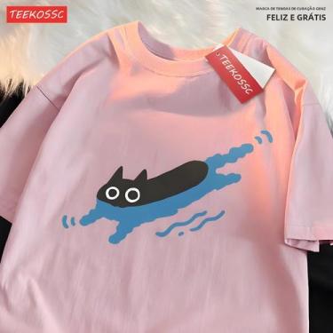 Imagem de Camiseta de Casal com Gato Preto - Manga Curta, Algodão Respirável, BR