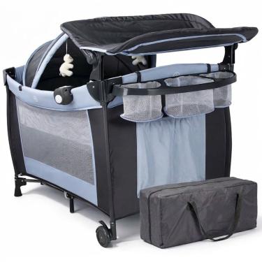 Imagem de Berço de Bebê Portátil Zooper Azul com Trocador Mosquiteiro Bolsa e Caixa Musical Som e Luz Dobrável Desmontável
