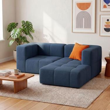 Imagem de Sofá na Caixa modular 2 lugares em Boucle - 2 Braços - 1 Chaise, Azul