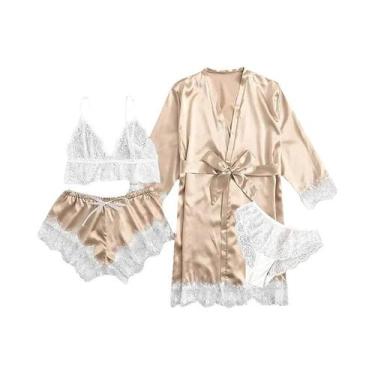 Imagem de Conjunto De Pijama De Renda E Cetim Feminino 4 Peças Roupa De Dormir D
