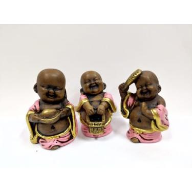 Imagem de Trio de budas camponês envelhecido c/ rosa 10cm - CASA FÉ