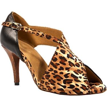 Imagem de Salabobo L030 Feminino Sexy Latin Tango Cha-cha Ballroom Festa de Casamento Formatura Peep Toe Salto Personalizado Cetim Sapatos de Dança, Leopardo, 5 US(3.5IN)