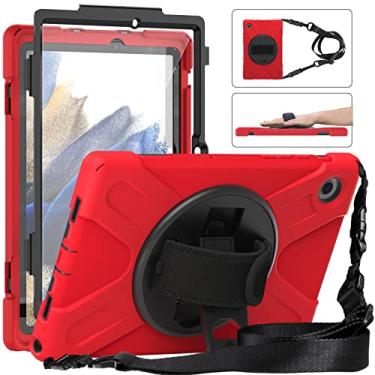 Imagem de GooodiDEAR Capa para Samsung Galaxy Tab A8, SM-X200/X205 capa à prova de choque 10,5 polegadas, suporte giratório 360 alça de mão alça de ombro porta-lápis capa protetora Galaxy Tab A8, tablet para crianças 2021/2022, vermelho