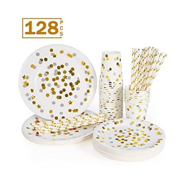 Imagem de Wemay 32 porções Copo de papel Bandeja de papel Palha Conjunto de talheres de papel Estrela Dots Bronzing Conjunto de talheres de evento de festa de casamento