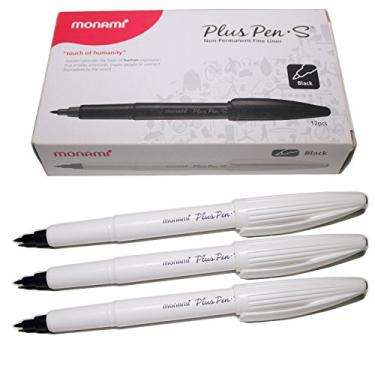 Imagem de Caneta Monami Plus Pen S ponta de feltro à base de água, caneta fina de forro – corpo branco – preta – pacote com 12 canetas