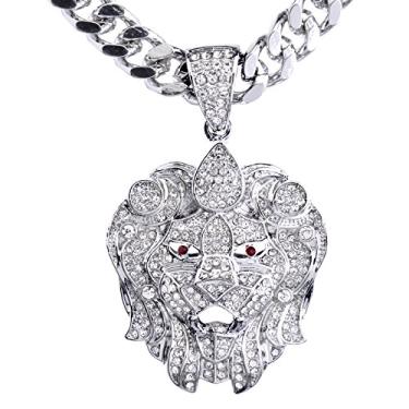 Imagem de Colar de corrente cubana pesada HC 6037 S com pingente de cabeça de leão gelado rapper hip hop masculino banhado a prata, 30" Cuban Chain, Zinco