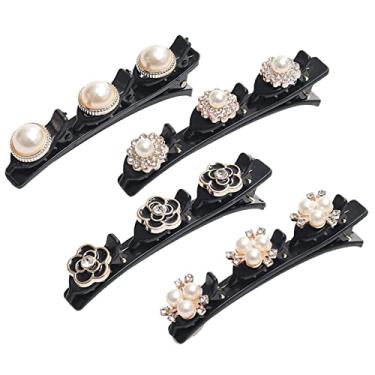 Imagem de 4 grampos cabelo trançados cintilantes, faixas cabelo tecido cetim pérola flor fofa, grampos cabelo strass, clipe cabelo trançado com strass para presentes mulheres/meninas
