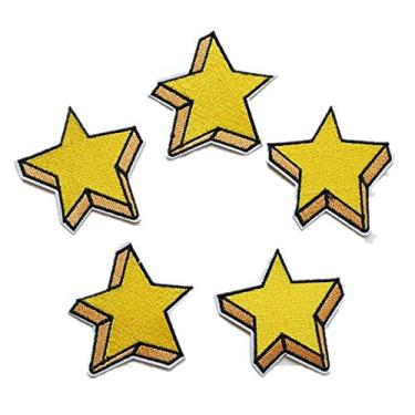 Imagem de Yliping 5 peças 3D ouro estrelas forma apliques bordados costurar ferro em crachás para saco jeans chapéu camiseta diy apliques decoração de artesanato 6 cm x 6,4 cm