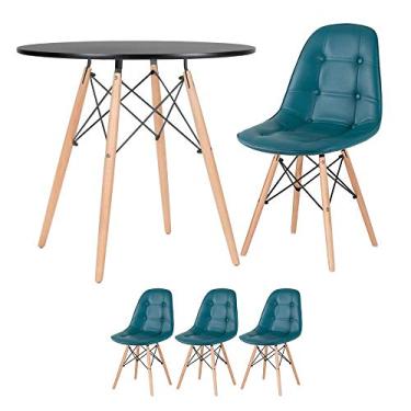Imagem de Loft7, Kit Mesa Eames Eiffel 80 cm preto + 3 cadeiras estofadas Botonê turquesa