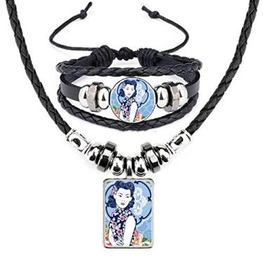 Imagem de Conjunto de joias de pulseira de couro feminina flor azul da cultura chinesa