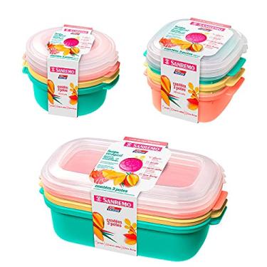 Imagem de 3 potes com tampa coloridos 480ml, 3 potes 530ml e 3 potes 1100ml para mantimentos Livre BPA Sanremo