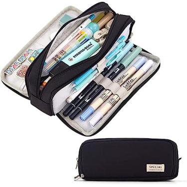 Imagem de Estojo de lápis grande Bolsa de armazenamento de grande capacidade 3 compartimentos Bolsa de lápis de lona para meninos adolescentes meninas Office School Student (preto)