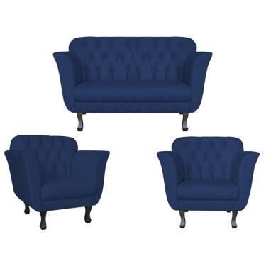 Imagem de Kit Namoradeira + 2 Poltronas Decorativa Dália Suede Azul Marinho Pés Madeira Ms Decor