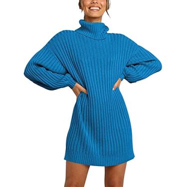 Imagem de Vestido feminino solto de gola rolê suéter de manga comprida vestido de suéter outono inverno sólido vestido midi grande, Azul, M