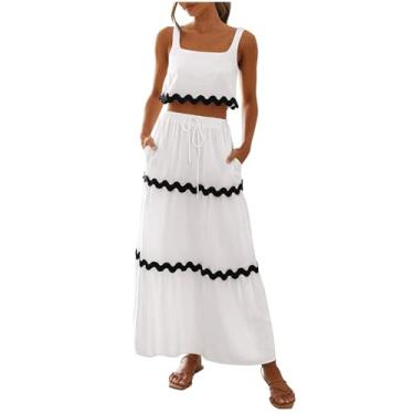 Imagem de Conjuntos de blusas femininas de praia combinando com top e saias para mulheres havaiano Cami regata 2 peças listradas conjuntos 2024, A-129 Branco, Small