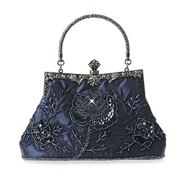 Imagem de DA BODAN MMYOMI Vintage Floral Beads Strass Bordado Embreagem Lantejoulas Casamento Baile Noiva Bolsa Feminina Crossbody Evening, Azul-escuro, 22 * 21cm