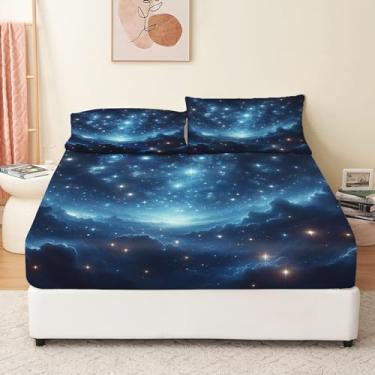 Imagem de Bhoyctn Jogo de lençol macio, 4 peças, King, céu noturno, estrelas, para todas as estações, com bolso extra profundo de 40,6 cm - 1 lençol com elástico, 1 lençol de cima, 2 fronhas