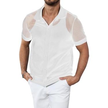 Imagem de Camisa masculina casual de malha com botões de manga curta transparente arrastão praia verão camisas masculinas, Branco, G