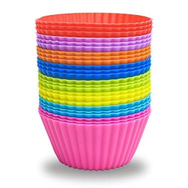Imagem de Pacote com 24 forros de silicone para assar copos reutilizáveis para cupcakes e bolos antiaderentes, conjunto de moldes de bolo, forro de silicone, tamanho padrão, suporte de cupcake de silicone, forros de cupcake reutilizáveis sem Bpa (8 cores de arco-íris)